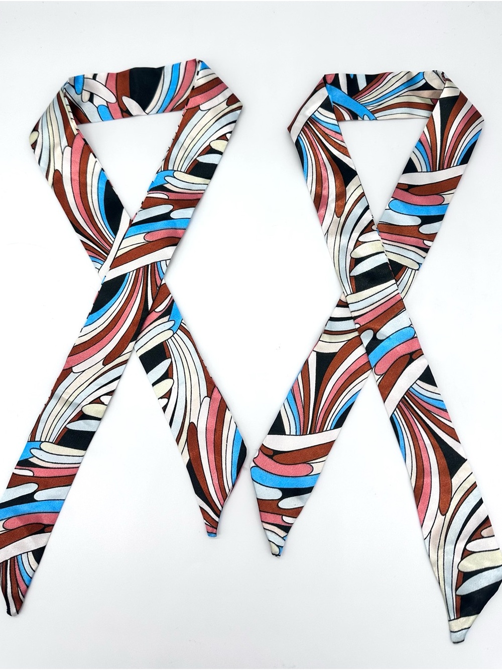 Lot of 2 Retro Swirl Geometric Silky Skinny Twilly Scarves 33"x1.5" Hair / Bag